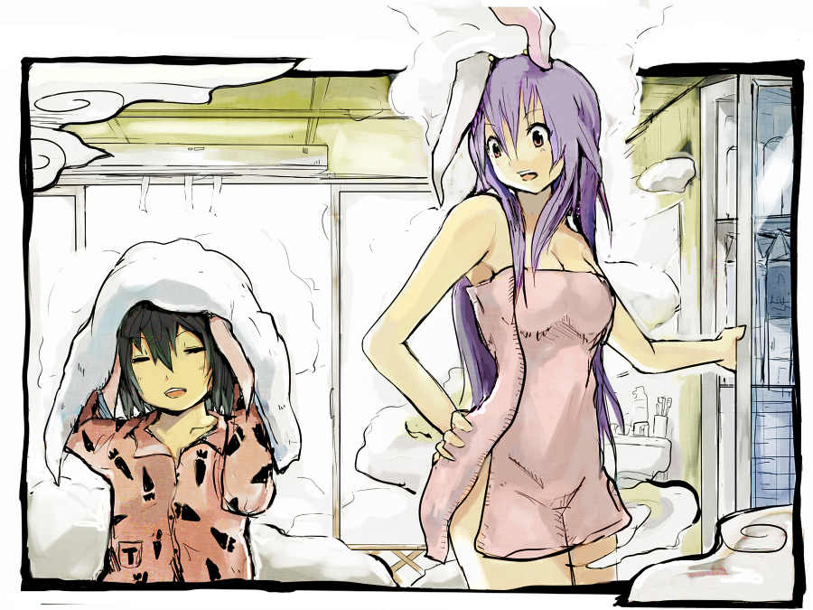 sergei (pattundo), inaba tewi, reisen udongein inaba, touhou, 2girls, animal ears, black hair, closed eyes, female focus, impossible towel, long hair, multiple girls, naked towel, pajamas, purple hair, rabbit ears, red eyes, short hair, steam, towel, towel on head