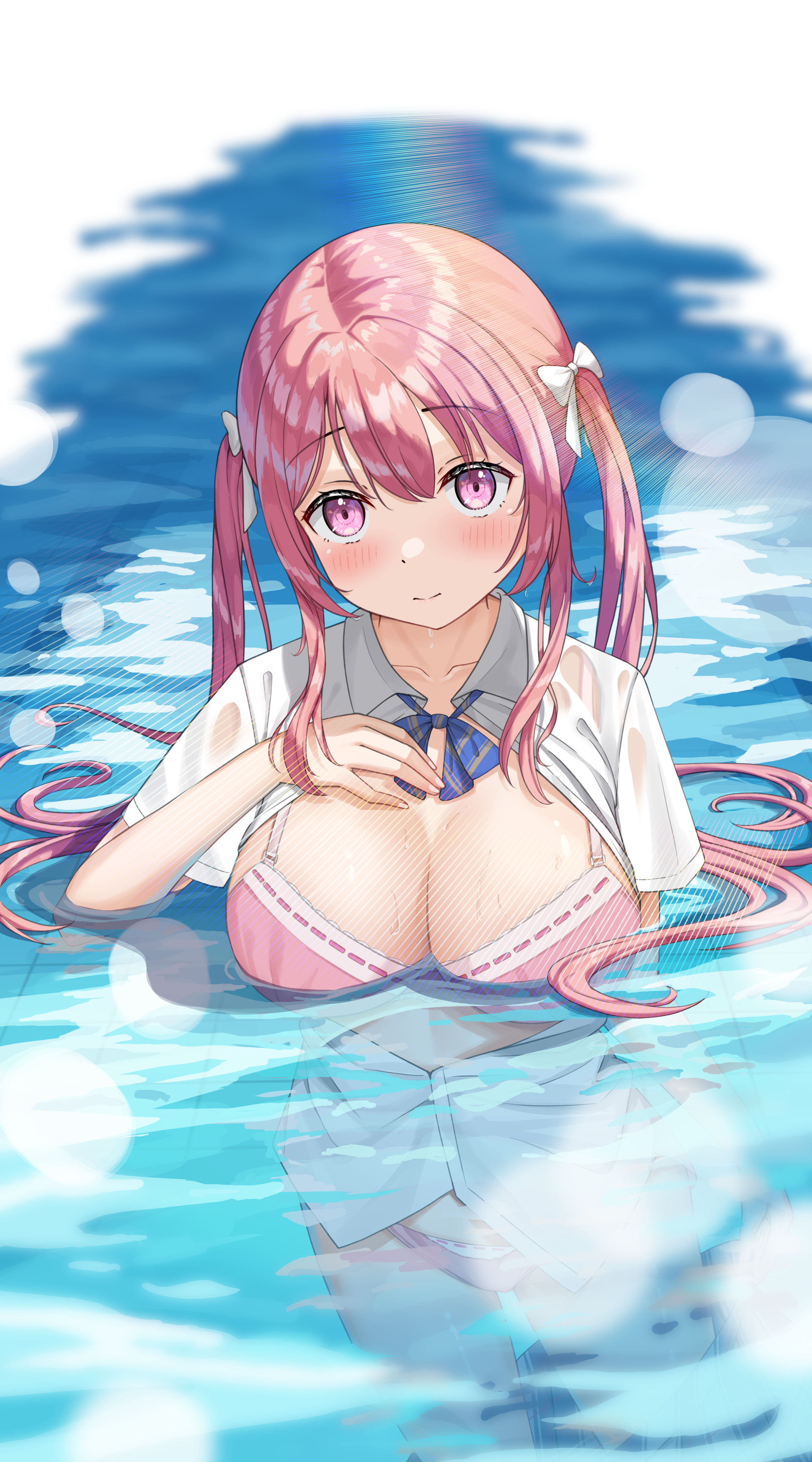 sponge rain, original, absurdres, highres, 1girl, blush, bow, bra, breasts, hair bow, large breasts, looking at viewer, open clothes, panties, partially submerged, pink bra, pink eyes, pink hair, pink panties, see-through clothes, shirt, smile, solo, twintails, underwear, wet, wet clothes, white bow, white shirt