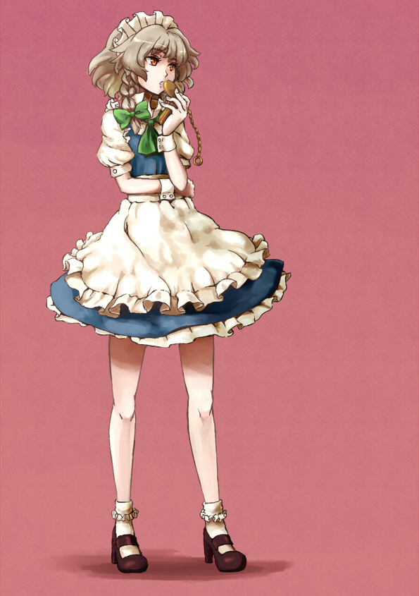 shibasaki shouji, izayoi sakuya, touhou, silver hair, 1girl, apron, bobby socks, braid, female focus, full body, hairband, high heels, legs, maid, maid apron, petticoat, pocket watch, red eyes, shoes, short hair, simple background, socks, solo, standing, twin braids, waist apron, watch, white socks