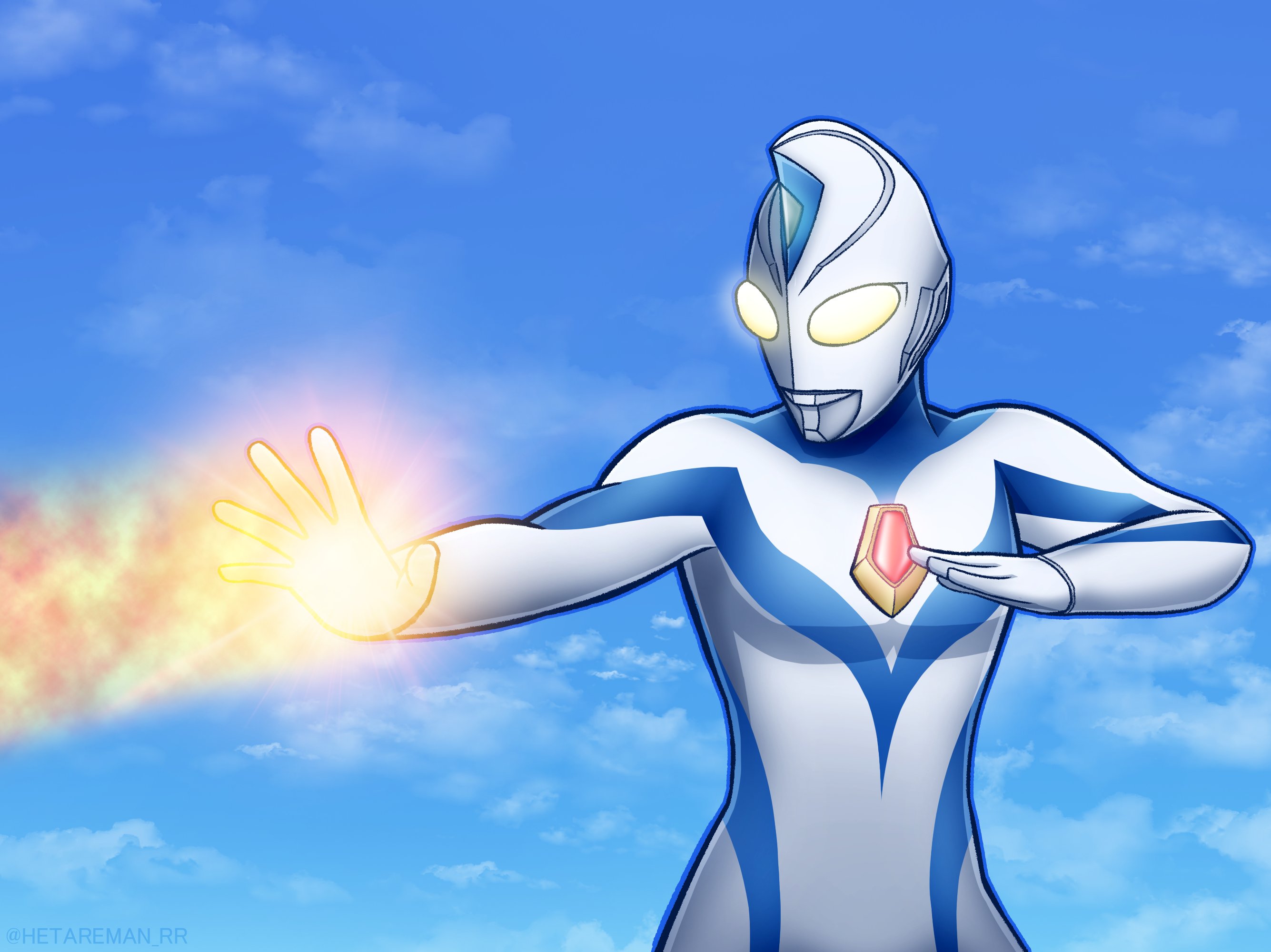 hetareman, ultraman dyna, ultraman dyna (miracle type), tokusatsu, ultra series, ultraman dyna (series), commentary, highres, 1boy, alien, blue outline, blue skin, blue sky, cloud, cloudy sky, color timer, colored skin, compound eyes, crystal, day, dorsal fin, fire, forehead jewel, giant, giant male, glowing, glowing eyes, gradient eyes, gradient sky, hand on own chest, looking ahead, male focus, multicolored eyes, multicolored skin, no pupils, open hand, outdoors, outline, outstretched hand, pectorals, pyrokinesis, silver skin, sky, solo, spread fingers, standing, toned, toned male, twitter username, two-tone skin, upper body, white eyes, yellow eyes
