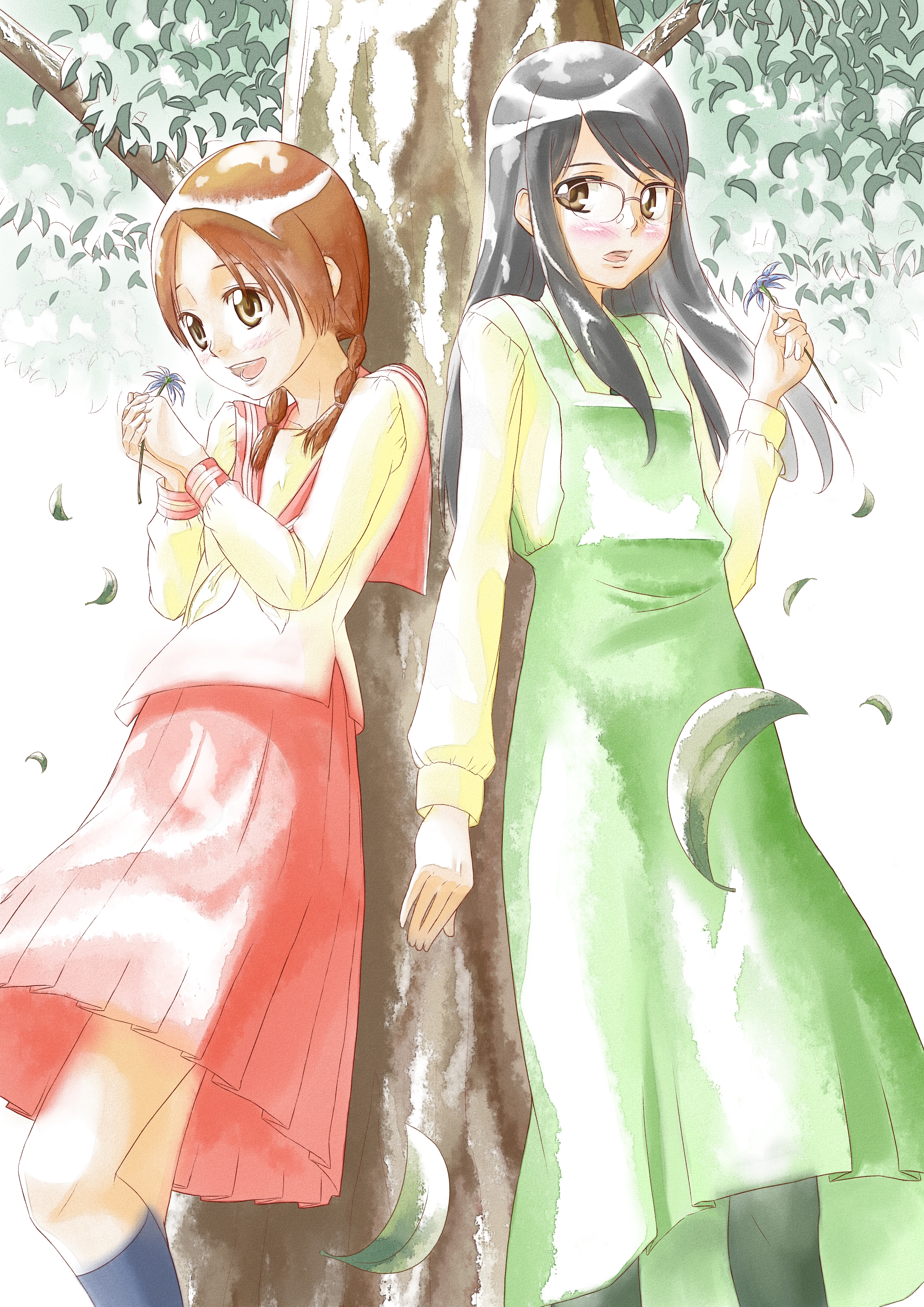 nomi, manjoume fumi, okudaira akira, aoi hana, absurdres, highres, 00s, 2girls, black hair, blush, braid, brown eyes, brown hair, flower, glasses, kneehighs, leaning, long hair, multiple girls, open mouth, school uniform, serafuku, short hair, skirt, smile, socks, tree, twintails