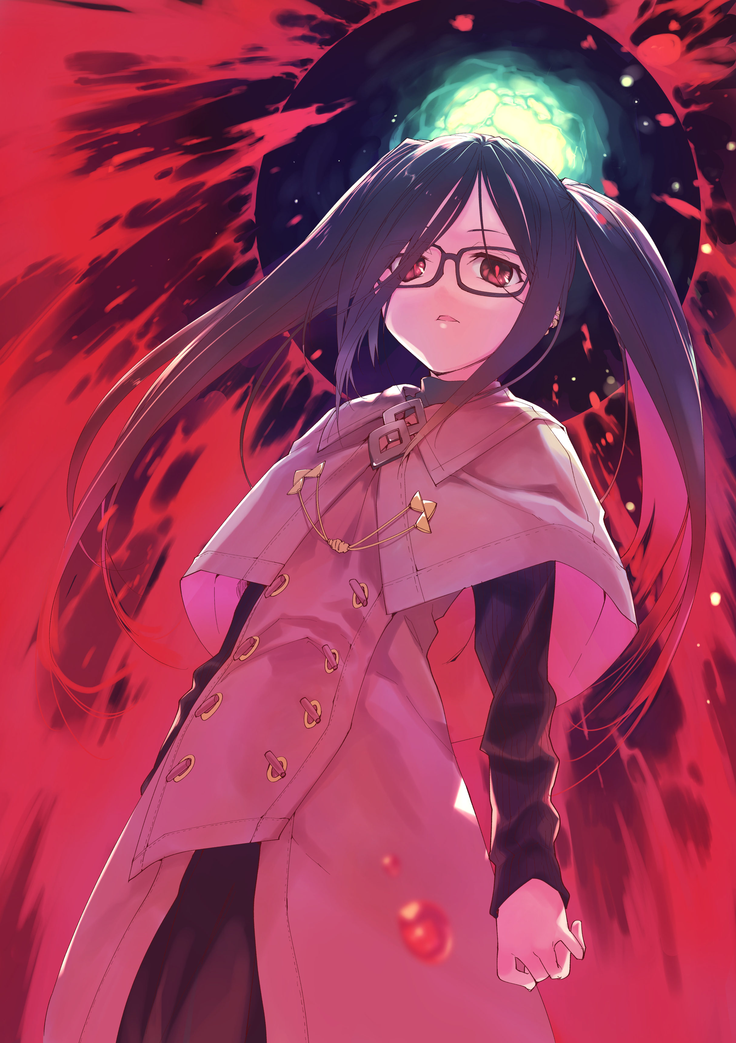 midori no ruupe, original, absurdres, highres, 1girl, arms at sides, black dress, black hair, blood, breasts, coat, collared dress, cowboy shot, dress, from below, glasses, grey carpet, grey coat, lips, long hair, long sidelocks, long sleeves, looking at viewer, open mouth, parted lips, red background, red eyes, sidelocks, small breasts, smile, solo, standing, tareme, twintails, very long hair