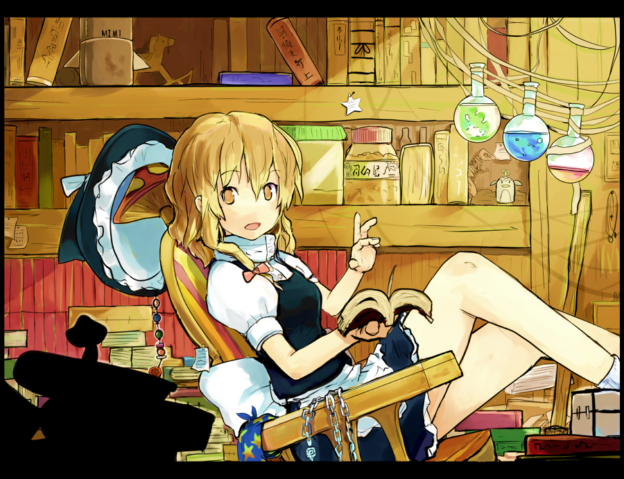 sergei (pattundo), kirisame marisa, mimi-chan, touhou, touhou (pc-98), 1girl, blonde hair, book, chain, female focus, hat, mushroom, open book, room, short hair, sitting, solo, unworn hat, unworn headwear, vial, witch, witch hat, yellow eyes