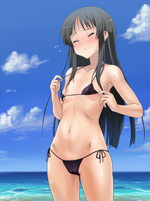 kotobuki hajime, akiyama mio, k-on!, 00s, 1girl, alternate breast size (smaller), beach, bikini, bikini pull, black bikini, black hair, blunt bangs, blush, breast reduction, cleft of venus, closed eyes, clothes pull, day, female focus, flat chest, hime cut, long hair, micro bikini, nipples, one-piece swimsuit pull, outdoors, pulling own clothes, solo, string bikini, swimsuit