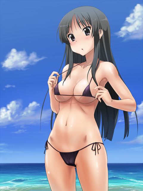 kotobuki hajime, akiyama mio, k-on!, 00s, 1girl, :o, adjusting clothes, adjusting swimsuit, beach, bikini, black bikini, black hair, blunt bangs, breasts, cameltoe, day, female focus, hime cut, large breasts, long hair, micro bikini, navel, outdoors, shiny skin, solo, strap lift, string bikini, swimsuit