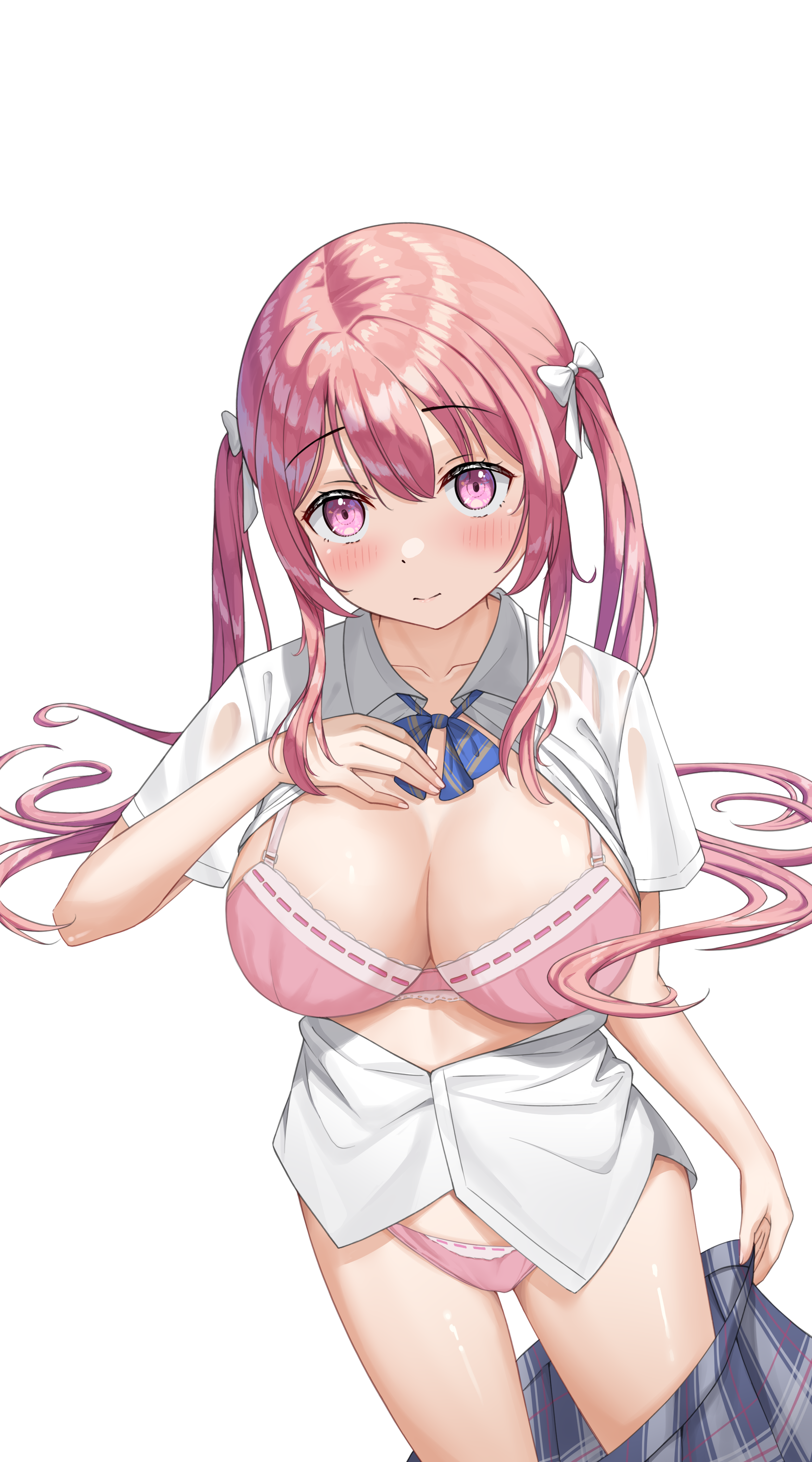 sponge rain, original, absurdres, highres, 1girl, blue skirt, blush, bow, bra, breasts, cleavage, hair bow, large breasts, looking at viewer, open clothes, panties, partially unbuttoned, pink bra, pink eyes, pink hair, pink panties, plaid clothes, plaid skirt, pleated skirt, school uniform, see-through clothes, shirt, short sleeves, skirt, smile, solo, twintails, underwear, undressing, white bow, white shirt
