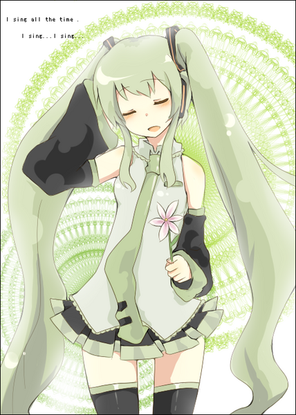 mono (recall), hatsune miku, vocaloid, 1girl, bare shoulders, blush, closed eyes, detached sleeves, female focus, flower, green hair, grey shirt, hair ornament, hand up, holding, long hair, necktie, open mouth, shirt, skirt, sleeveless, sleeveless shirt, solo, thighhighs, twintails, very long hair, zettai ryouiki