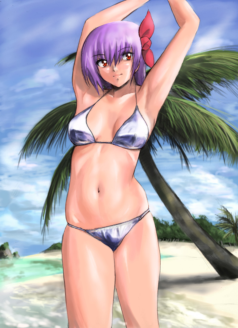 shu-z, ayane (doa), dead or alive, tecmo, 1girl, armpits, arms up, beach, bikini, day, female focus, outdoors, palm tree, shiny clothes, shiny skin, sky, solo, swimsuit, tree, water