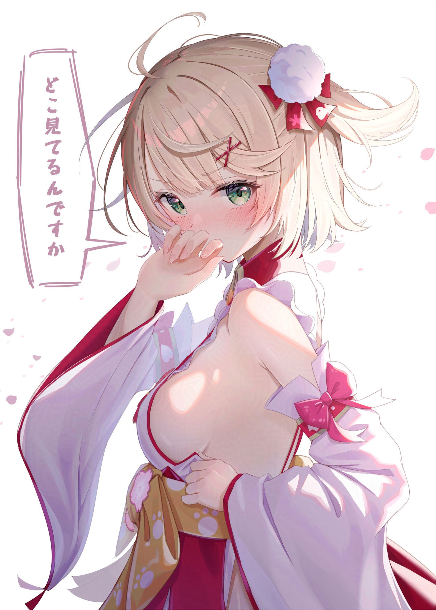 toki (toki ship8), sakura miko, sakura miko (1st costume), shigure ui (vtuber), hololive, indie virtual youtuber, commentary request, highres, translation request, 1girl, ahoge, alternate costume, armpit crease, bare shoulders, blonde hair, blush, breasts, clothing cutout, cosplay, covering own mouth, detached sleeves, embarrassed, from side, green eyes, hair ornament, hand up, hip vent, japanese clothes, kimono, long sleeves, medium breasts, miko, obi, one side up, sakura miko (cosplay), sash, sideboob, simple background, sleeveless, solo, speech bubble, upper body, v-shaped eyebrows, virtual youtuber, white background, white kimono, wide sleeves, wing collar, x hair ornament