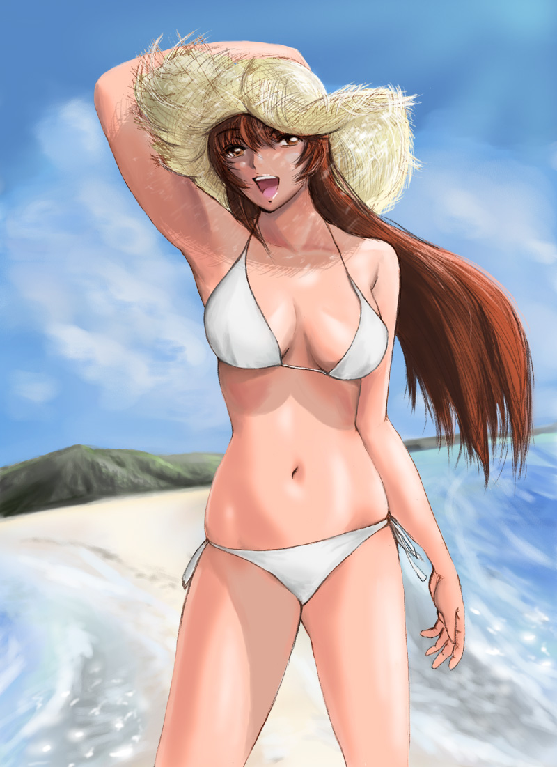 shu-z, kasumi (doa), dead or alive, tecmo, 1girl, beach, bikini, cloud, day, female focus, outdoors, shiny skin, sky, solo, swimsuit, water, white bikini