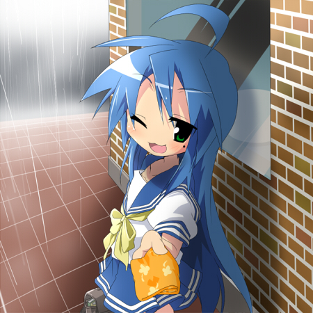 takeya yuuki, izumi konata, lucky star, lowres, 00s, 1girl, ahoge, blue hair, female focus, giving, green eyes, handkerchief, incoming gift, mole, mole under eye, one eye closed, rain, school uniform, serafuku, solo, wink