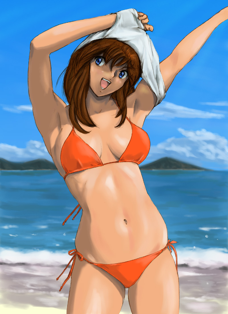 shu-z, hitomi (doa), dead or alive, tecmo, 1girl, beach, bikini, cloud, day, female focus, orange bikini, outdoors, shiny skin, sky, solo, swimsuit, undressing, water