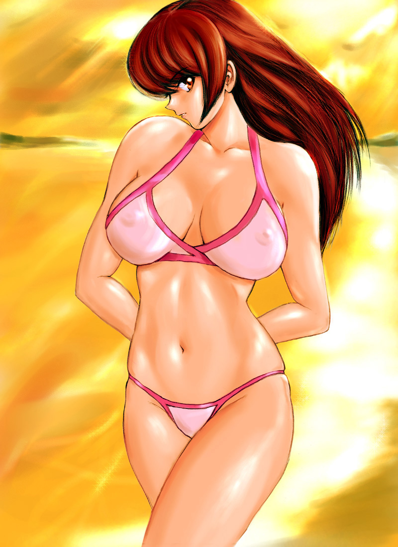 shu-z, kasumi (doa), dead or alive, tecmo, 1girl, bikini, breasts, covered erect nipples, female focus, large breasts, pink bikini, shiny skin, sky, solo, swimsuit, water