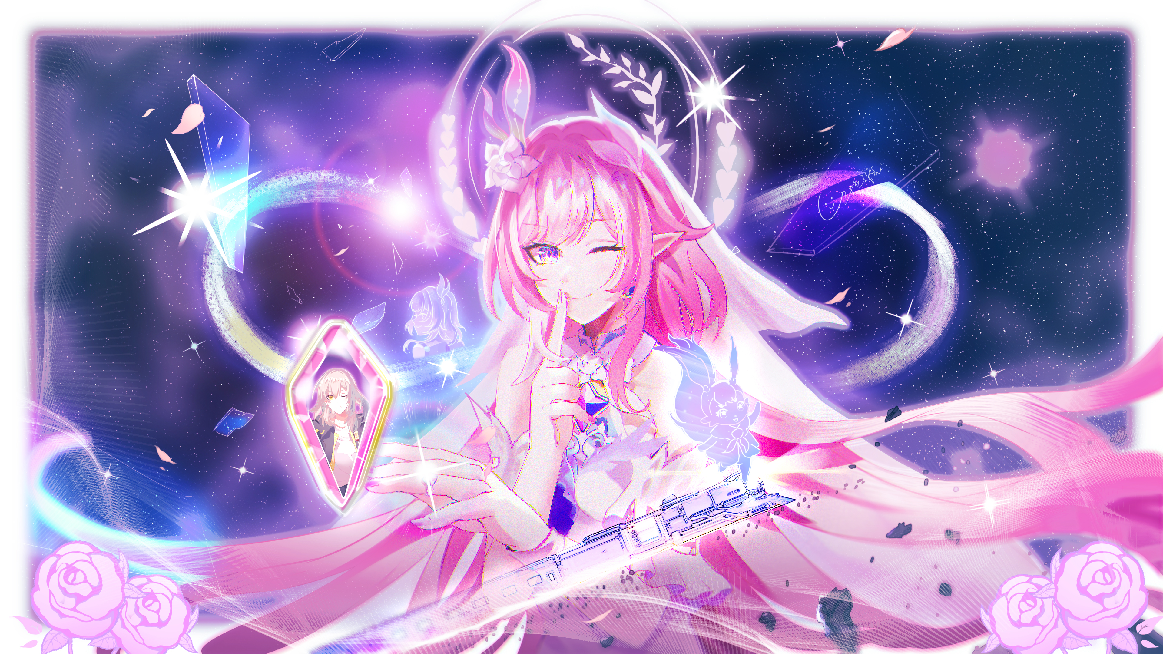 qise zhijing, cyrene (honkai: star rail), cyrene (ripples of past reverie) (honkai: star rail), mem (honkai: star rail), stelle (honkai: star rail), trailblazer (honkai: star rail), honkai: star rail, honkai (series), absurdres, highres, 1girl, ;), astral express (honkai: star rail), border, breasts, bridal veil, diamond-shaped pupils, diamond (shape), dress, elf, finger to mouth, flower, hair flower, hair ornament, halo, large breasts, long hair, one eye closed, pink flower, pink hair, pink rose, pointy ears, purple eyes, rose, shushing, sky, smile, solo, star (sky), starry sky, symbol-shaped pupils, veil, very long hair, white border, white dress