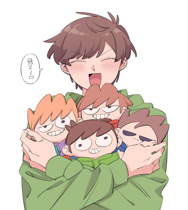 mjsc 10, edd (eddsworld), matt (eddsworld), tom (eddsworld), eddsworld, translation request, 1boy, :d, ^ ^, antenna hair, blush, brown hair, character doll, closed eyes, crossed arms, doll, facing viewer, fingernails, green hoodie, hair behind ear, heart, holding, holding doll, hood, hood down, hoodie, long sleeves, male focus, open mouth, puffy long sleeves, puffy sleeves, short hair, simple background, smile, solo, speech bubble, straight-on, tongue, tord (eddsworld), upper body, v-shaped eyebrows, very short hair, white background