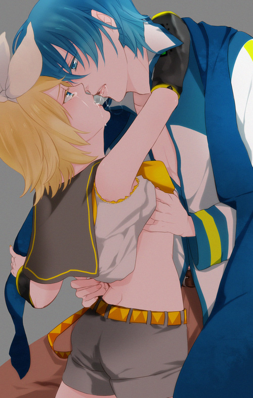 wii hola, kagamine rin, kaito (vocaloid), vocaloid, bad id, bad pixiv id, 1boy, 1girl, blonde hair, blue eyes, blue hair, breasts, butt crack, clothes lift, grabbing another's breast, groping, hetero, kiss, saliva, saliva trail, shirt lift, shorts, small breasts, tears