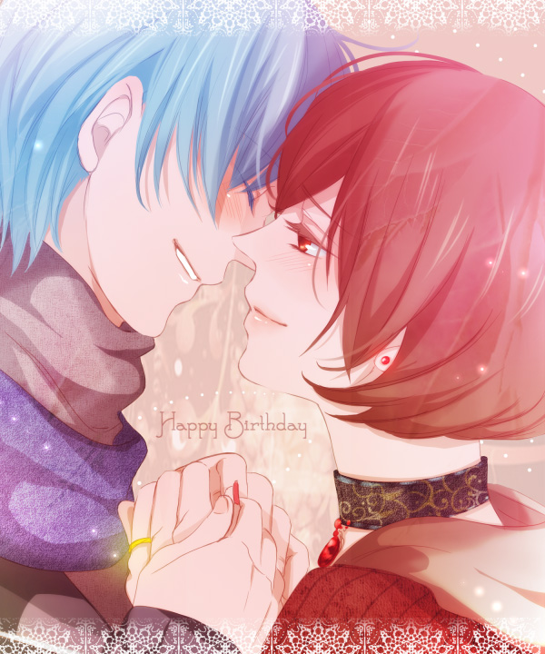wii hola, kaito (vocaloid), meiko (vocaloid), vocaloid, bad id, bad pixiv id, 1boy, 1girl, choker, couple, happy birthday, hetero, holding hands, jewelry, ring, smile