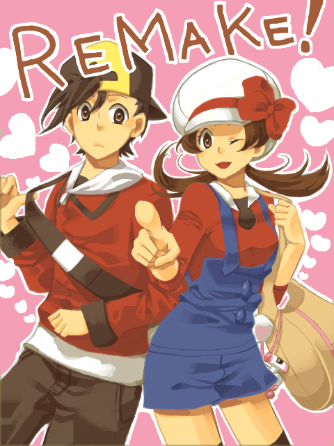 shibanashi miso, una, ethan (pokemon), lyra (pokemon), nintendo, pokemon, pokemon hgss, bad id, bad pixiv id, 00s, 1boy, 1girl, bag, baseball cap, brown hair, cowboy shot, english text, handbag, hat, hat ribbon, heart, hood, hoodie, newsboy cap, one eye closed, overalls, pokegear, red ribbon, ribbon, short twintails, tegaki, thighhighs, twintails, wink