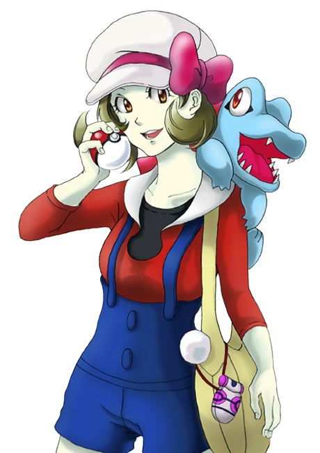 kuro tou, lyra (pokemon), totodile, nintendo, pokemon, pokemon hgss, 00s, 1girl, bag, bow, brown hair, cellphone, cowboy shot, gen 2 pokemon, handbag, hat, hat ribbon, holding, holding poke ball, newsboy cap, overalls, phone, poke ball, poke ball (basic), pokegear, pokemon (creature), red ribbon, ribbon, short hair, short twintails, smile, twintails