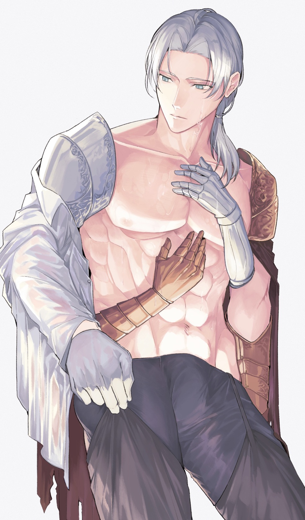 kharu11, d hunter of the dead, elden ring, commentary, english commentary, highres, 1boy, abs, adjusting clothes, aqua eyes, arm at side, armor, asymmetrical armor, black pants, cape, closed mouth, collared shirt, cowboy shot, curtained hair, expressionless, extra arms, gaiters, gauntlets, gloves, gold armor, grey hair, hair over shoulder, looking to the side, male focus, medium hair, pants, parted bangs, pauldrons, pectorals, red cape, self hug, shirt, shirt partially removed, shoulder armor, simple background, single glove, solo, standing, thighhigh gaiters, thighhighs, toned, toned male, topless male, water drop, wet, white background, white gloves, white shirt