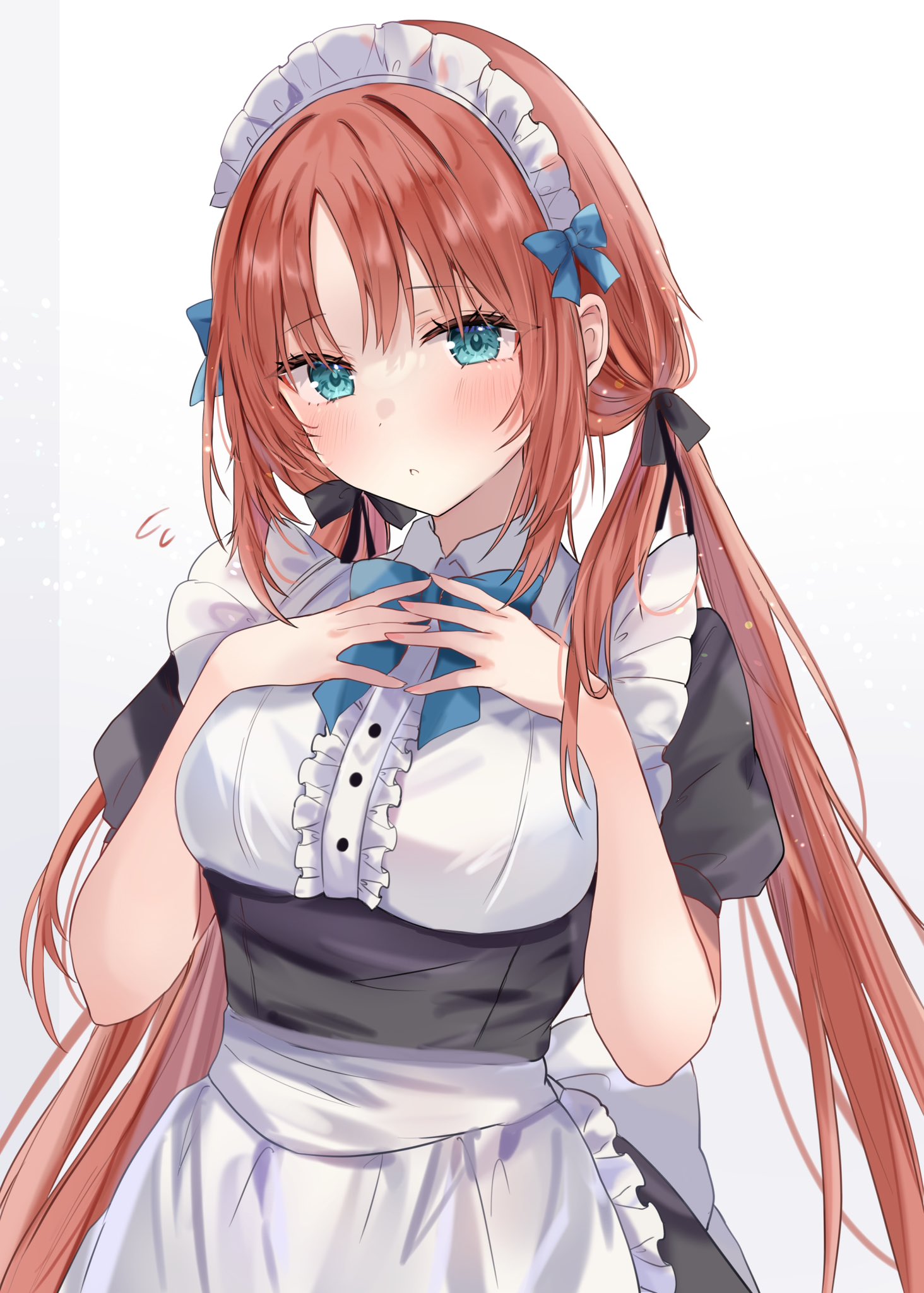 maruro, nilou (genshin impact), genshin impact, commentary, highres, 1girl, alternate costume, apron, aqua eyes, black ribbon, blue ribbon, blush, breasts, flying sweatdrops, frilled apron, frills, hair ribbon, long hair, looking at viewer, maid, maid headdress, medium breasts, red hair, ribbon, solo, twintails, upper body, white apron