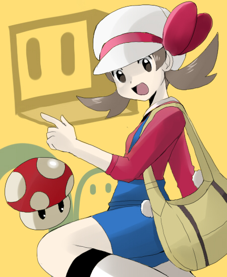 tenko22702, tenko (paradise), lyra (pokemon), mario (series), nintendo, pokemon, pokemon hgss, bad id, bad pixiv id, 00s, 1girl, bag, bow, brown eyes, brown hair, female focus, handbag, hat, hat ribbon, kneehighs, mushroom, newsboy cap, overalls, red ribbon, ribbon, rotating block, short twintails, smile, socks, solo, super mushroom, twintails