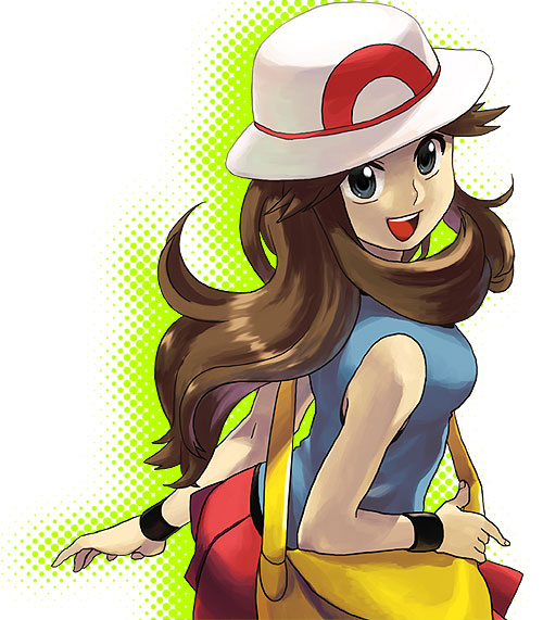pokipoki, shoumouhin, green (pokemon), nintendo, pokemon, pokemon adventures, 1girl, alternate costume, bag, blue eyes, brown hair, female focus, handbag, hat, long hair, looking at viewer, open mouth, porkpie hat, simple background, smile, solo, white background, wristband