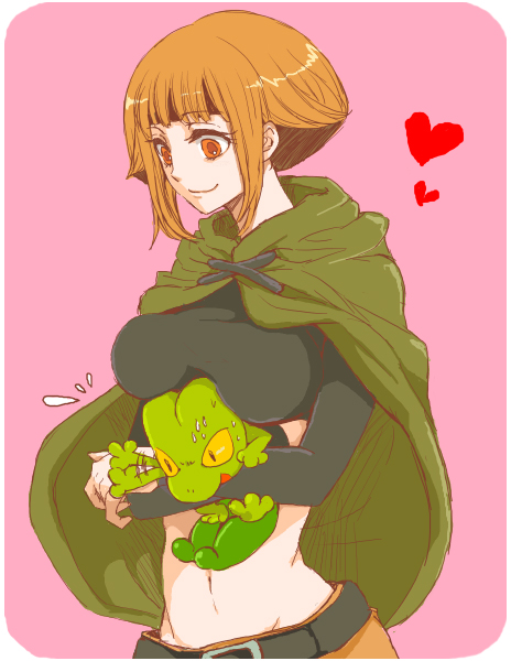 derauea, gardenia (pokemon), treecko, nintendo, pokemon, pokemon dppt, bad id, bad pixiv id, 00s, 1girl, breasts, breasts squeezed together, cape, gen 3 pokemon, gym leader, heart, midriff, navel, orange eyes, orange hair, pokemon (creature), short hair, smile, sweatdrop