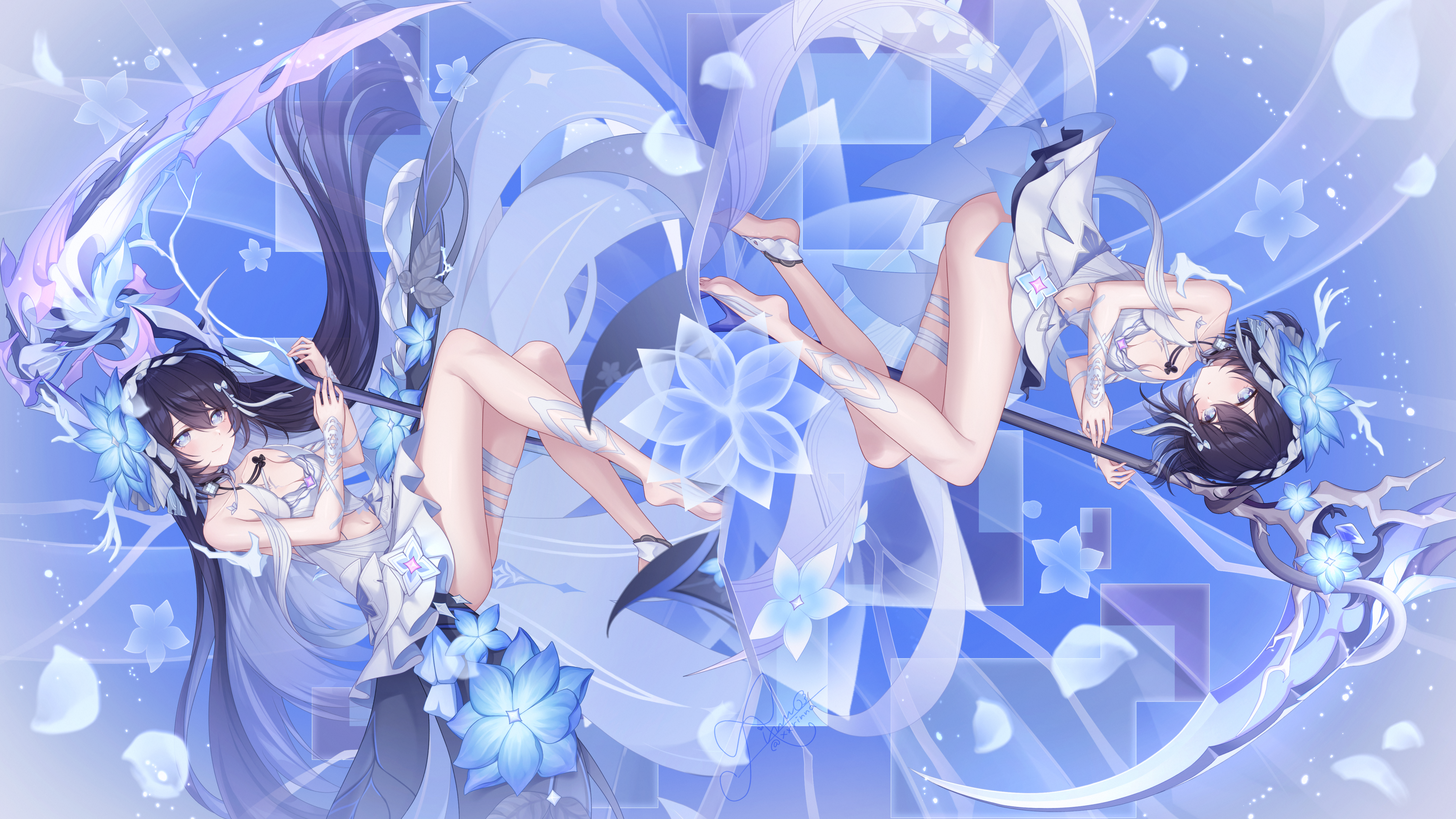 rinna (xxrinna), seele vollerei, seele vollerei (herrscher of rebirth), honkai (series), honkai impact 3rd, absurdres, commentary request, highres, 1girl, bare shoulders, barefoot, black hair, blue flower, closed mouth, clothing cutout, colored inner hair, dress, floating hair, flower, hair flower, hair ornament, long hair, multicolored hair, multiple views, navel, official alternate costume, official alternate hair length, official alternate hairstyle, short hair, smile, stomach cutout, two-tone hair, very long hair, white dress
