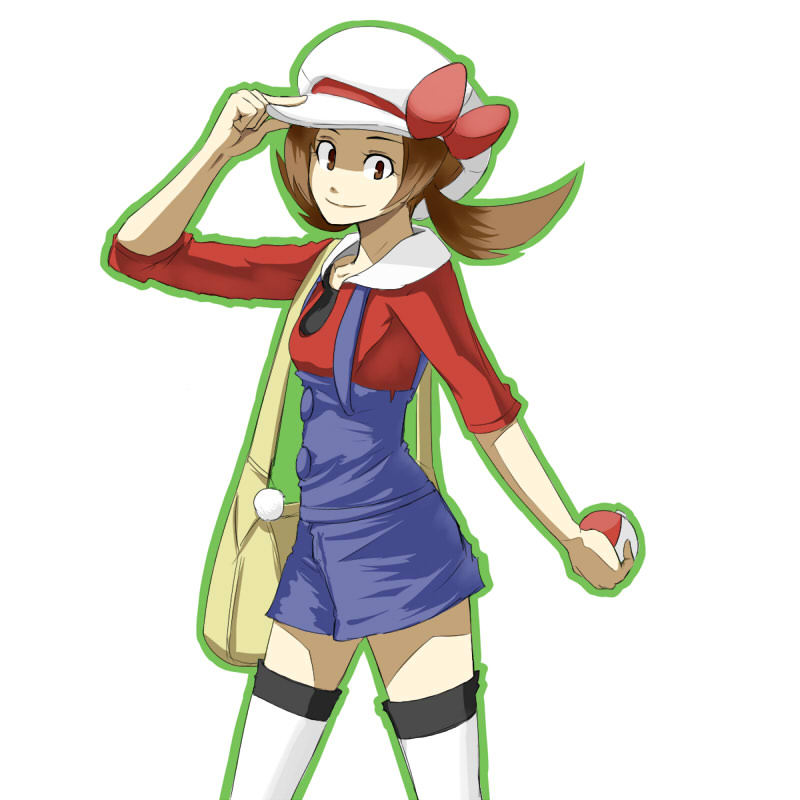 daru, lyra (pokemon), nintendo, pokemon, pokemon hgss, 00s, 1girl, bag, bow, brown eyes, brown hair, female focus, handbag, hat, hat ribbon, holding, holding poke ball, newsboy cap, overalls, poke ball, poke ball (basic), red ribbon, ribbon, short twintails, simple background, smile, solo, thighhighs, twintails, white background, white thighhighs