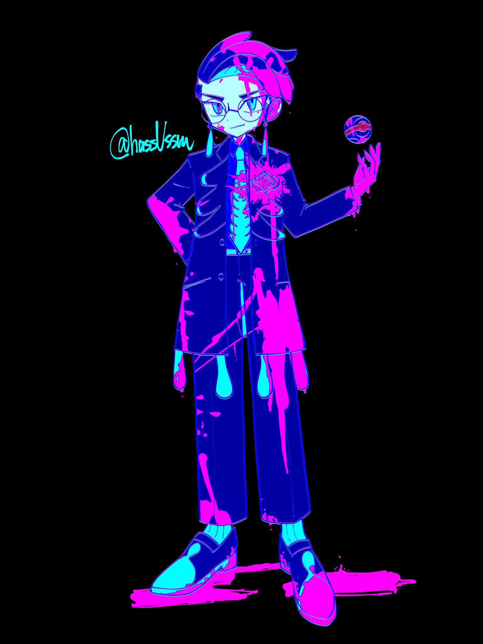 hustle okamoto, corbeau (pokemon), nintendo, pokemon, pokemon legends: z-a, highres, 1boy, black-framed eyewear, black background, black hair, black jacket, black pants, closed mouth, collared shirt, dusk ball, eyewear strap, glasses, jacket, long hair, long sleeves, looking at viewer, male focus, necktie, open clothes, open jacket, paint, paint splatter, pants, parted hair, poke ball, purple hair, purple shirt, round eyewear, shirt, short hair, simple background, solo, white necktie