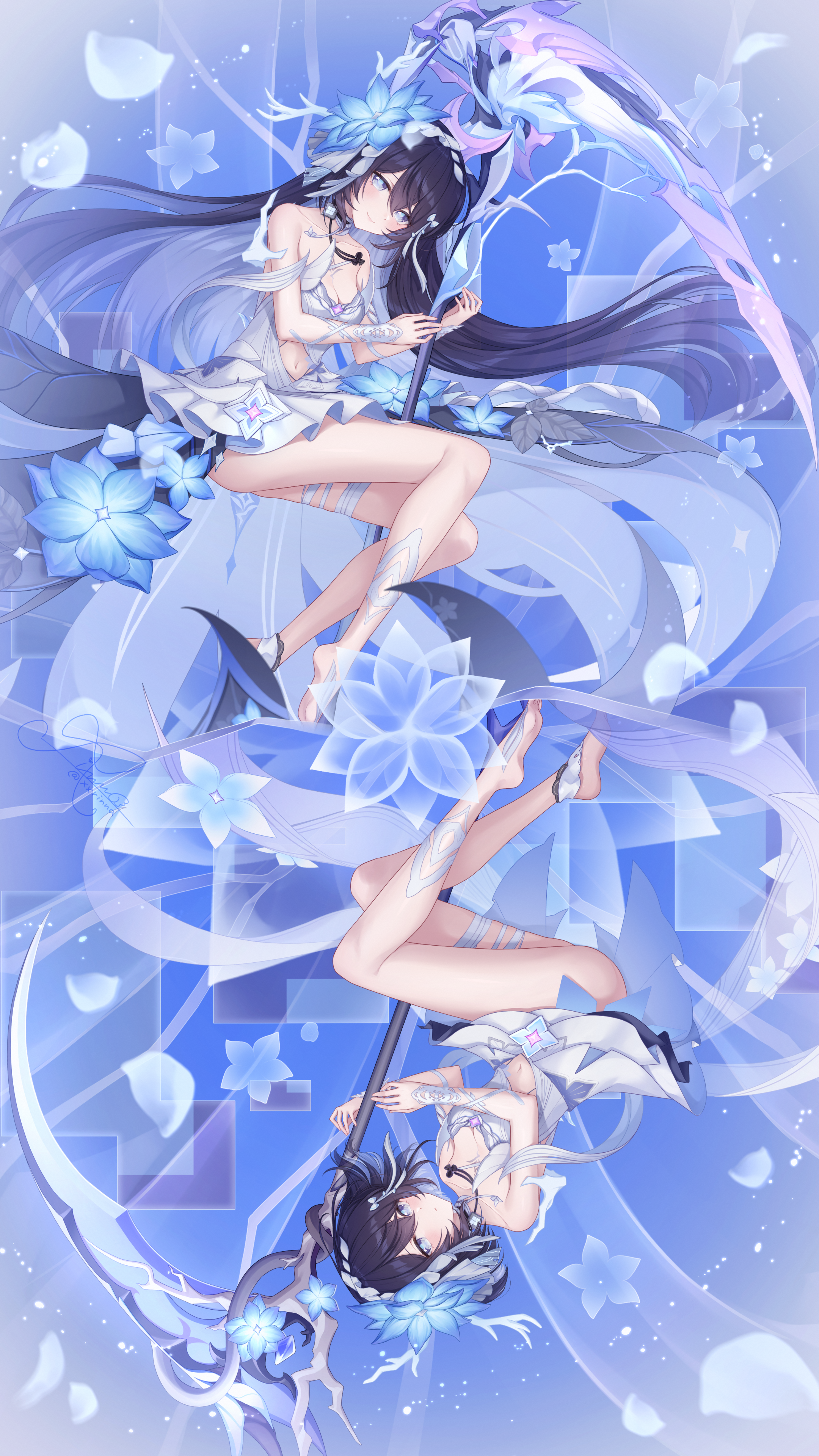 rinna (xxrinna), seele vollerei, seele vollerei (herrscher of rebirth), honkai (series), honkai impact 3rd, absurdres, commentary request, highres, 1girl, bare shoulders, barefoot, black hair, blue flower, closed mouth, clothing cutout, colored inner hair, dress, floating hair, flower, hair flower, hair ornament, long hair, multicolored hair, multiple views, navel, official alternate costume, official alternate hair length, official alternate hairstyle, short hair, smile, stomach cutout, two-tone hair, very long hair, white dress