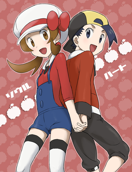 koma yoichi, ethan (pokemon), lyra (pokemon), nintendo, pokemon, pokemon hgss, bad id, bad pixiv id, 00s, 1boy, 1girl, alternate costume, back-to-back, bow, brown eyes, brown hair, flat chest, hat, hat ribbon, hetero, holding hands, interlocked fingers, newsboy cap, overalls, red ribbon, ribbon, short twintails, smile, thighhighs, twintails, white thighhighs