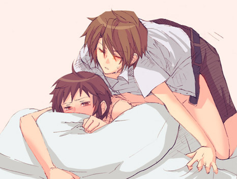 koizumi itsuki, kyon, suzumiya haruhi no yuuutsu, lowres, 00s, 2boys, anal, blush, brown hair, doggystyle, male focus, male penetrated, multiple boys, nude, pillow, sex, sex from behind, short hair, yaoi