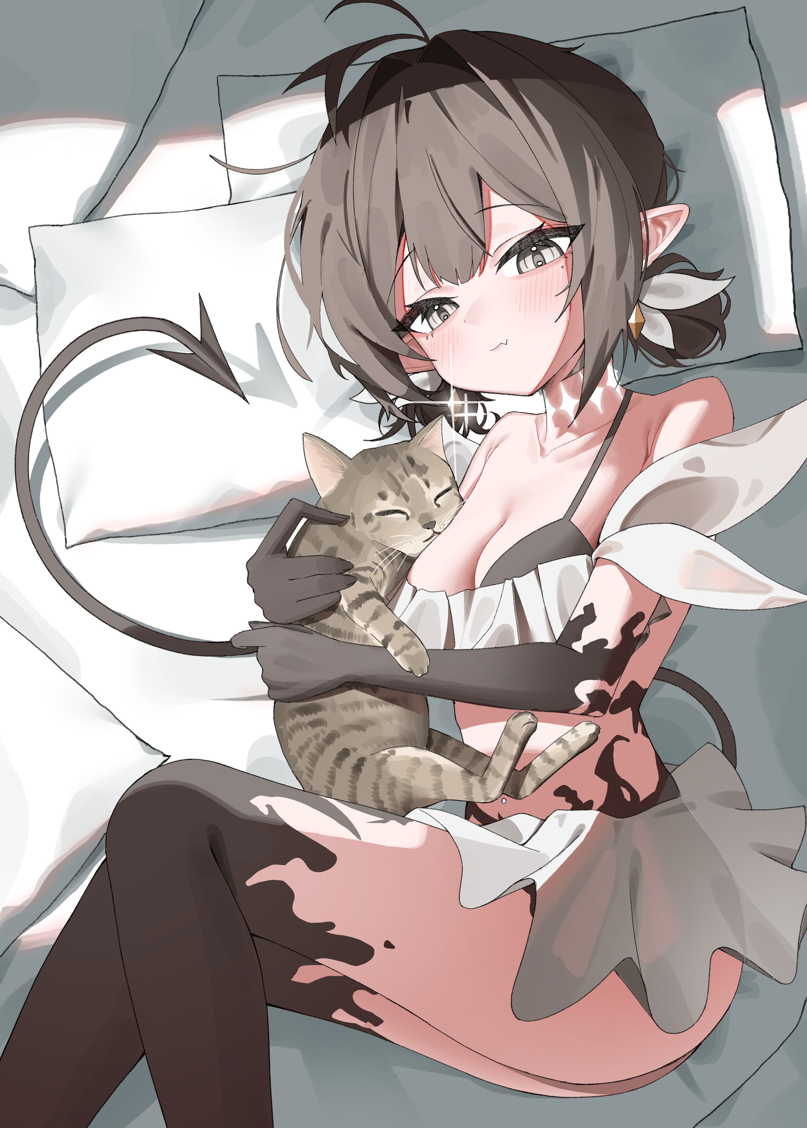 cetci, original, absurdres, highres, 1girl, animal, bare shoulders, bikini, black gloves, black hair, blush, breasts, brown hair, cat, cleavage, closed mouth, demon tail, feet out of frame, gloves, grey eyes, holding, lying, medium breasts, on bed, pillow, pointy ears, short hair, solo, swimsuit, tail
