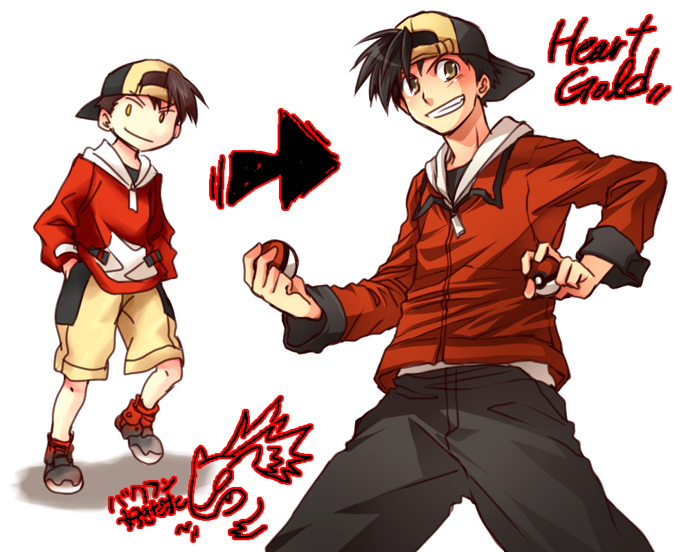 re ghotion, ethan (pokemon), ethan (pokemon) (classic), typhlosion, nintendo, pokemon, pokemon gsc, pokemon hgss, bad id, bad pixiv id, translation request, 00s, 1990s (style), 2boys, alternate costume, baseball cap, black hair, brown eyes, cameo, character name, comparison, copyright name, gen 2 pokemon, grin, hat, holding, holding poke ball, hood, hoodie, male focus, multiple boys, poke ball, pokemon (creature), retro artstyle, smile