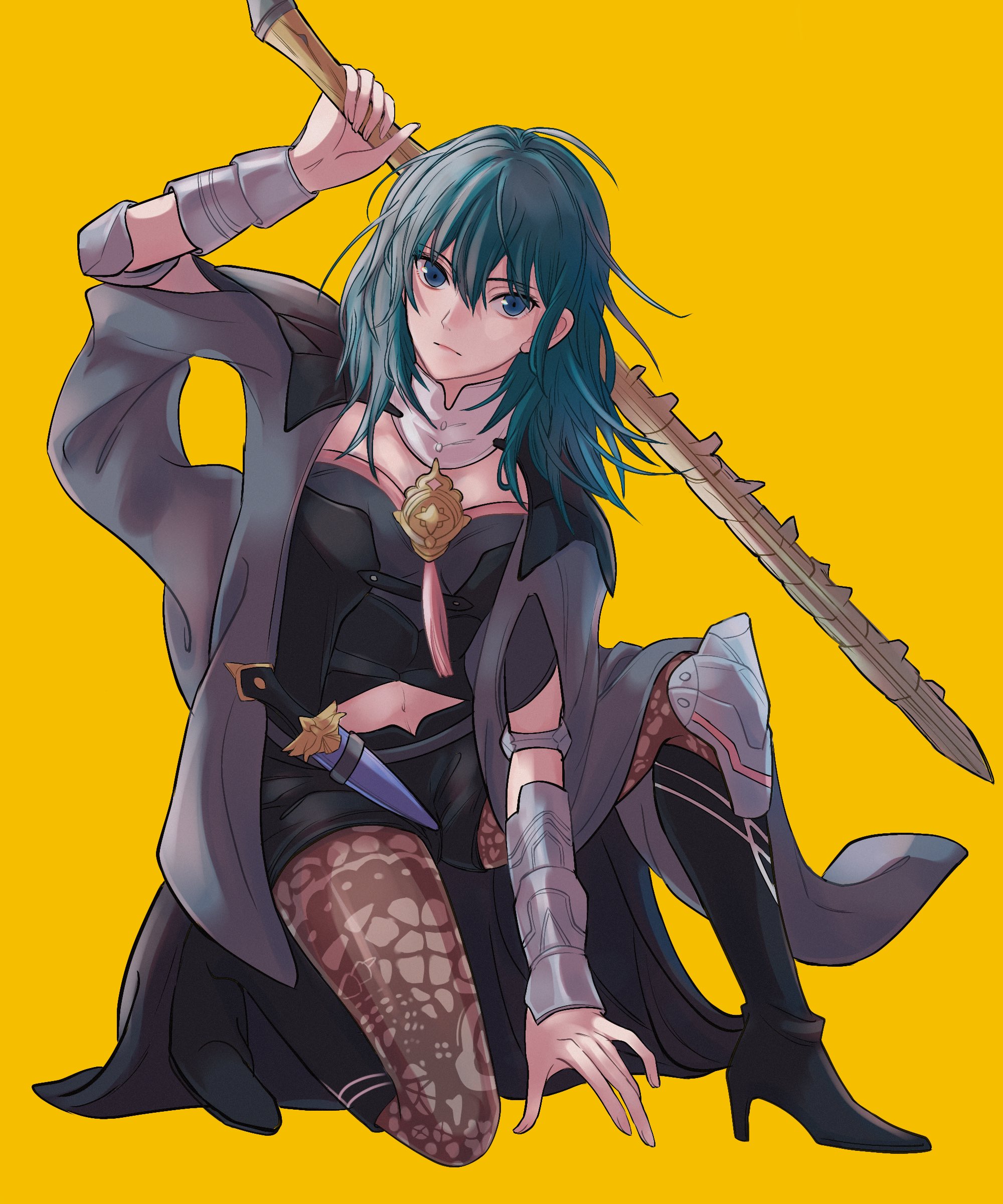 4ki ori9, female byleth (fire emblem), fire emblem, fire emblem: three houses, nintendo, absurdres, highres, 1girl, arm up, black boots, black cape, blue eyes, boots, breasts, brown pantyhose, cape, dagger, green hair, hair between eyes, high heel boots, high heels, kneeling, knife, looking at viewer, medium breasts, medium hair, pantyhose, pantyhose under shorts, shorts, simple background, solo, sword of the creator, weapon, yellow background