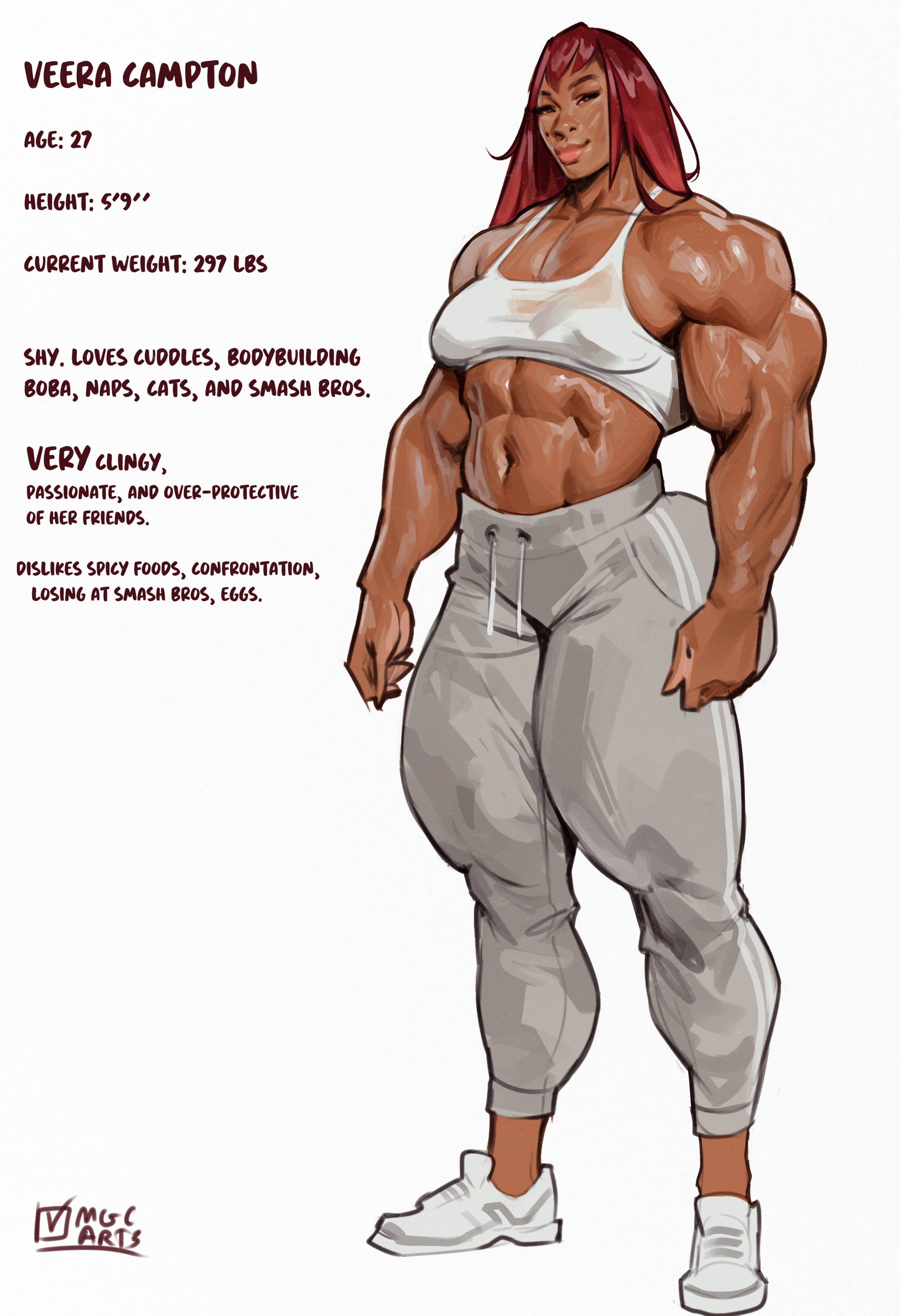magicmoonsarts, original, absurdres, highres, 1girl, abs, artist name, character name, dark-skinned female, dark skin, english text, full body, long hair, muscular, muscular female, navel, pants, red hair, shoes, simple background, sports bra, veera campton (magicmoonsarts), white background, white pants, white shoes, white sports bra