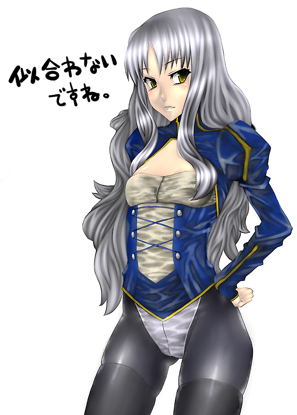 tobimaru, artoria pendragon (fate), caren hortensia, saber (fate), fate/stay night, fate (series), 1girl, cosplay, female focus, grey hair, long hair, pantyhose, saber (fate) (cosplay), simple background, solo, thighhighs, yellow eyes