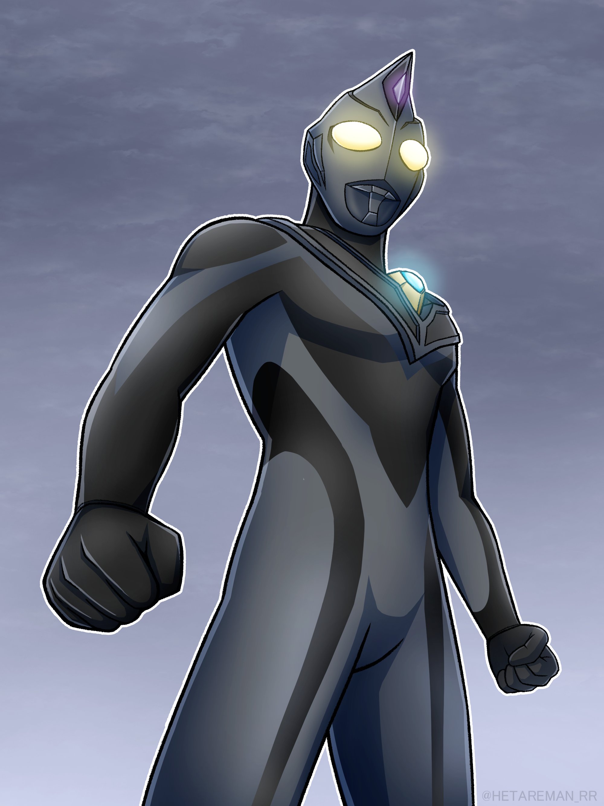 hetareman, ultraman dyna, tokusatsu, ultra series, ultraman dyna (series), absurdres, commentary, highres, 1boy, alien, alternate design, armor, arms at sides, black skin, breastplate, clenched hands, cloud, cloudy sky, color timer, colored skin, compound eyes, crystal, dark persona, dorsal fin, forehead jewel, from below, giant, giant male, glowing, glowing eyes, gradient eyes, gradient sky, grey skin, grey sky, looking ahead, male focus, multicolored eyes, multicolored skin, no pupils, outdoors, outline, pectorals, sky, solo, standing, toned, toned male, twitter username, two-tone skin, white eyes, white outline, yellow eyes