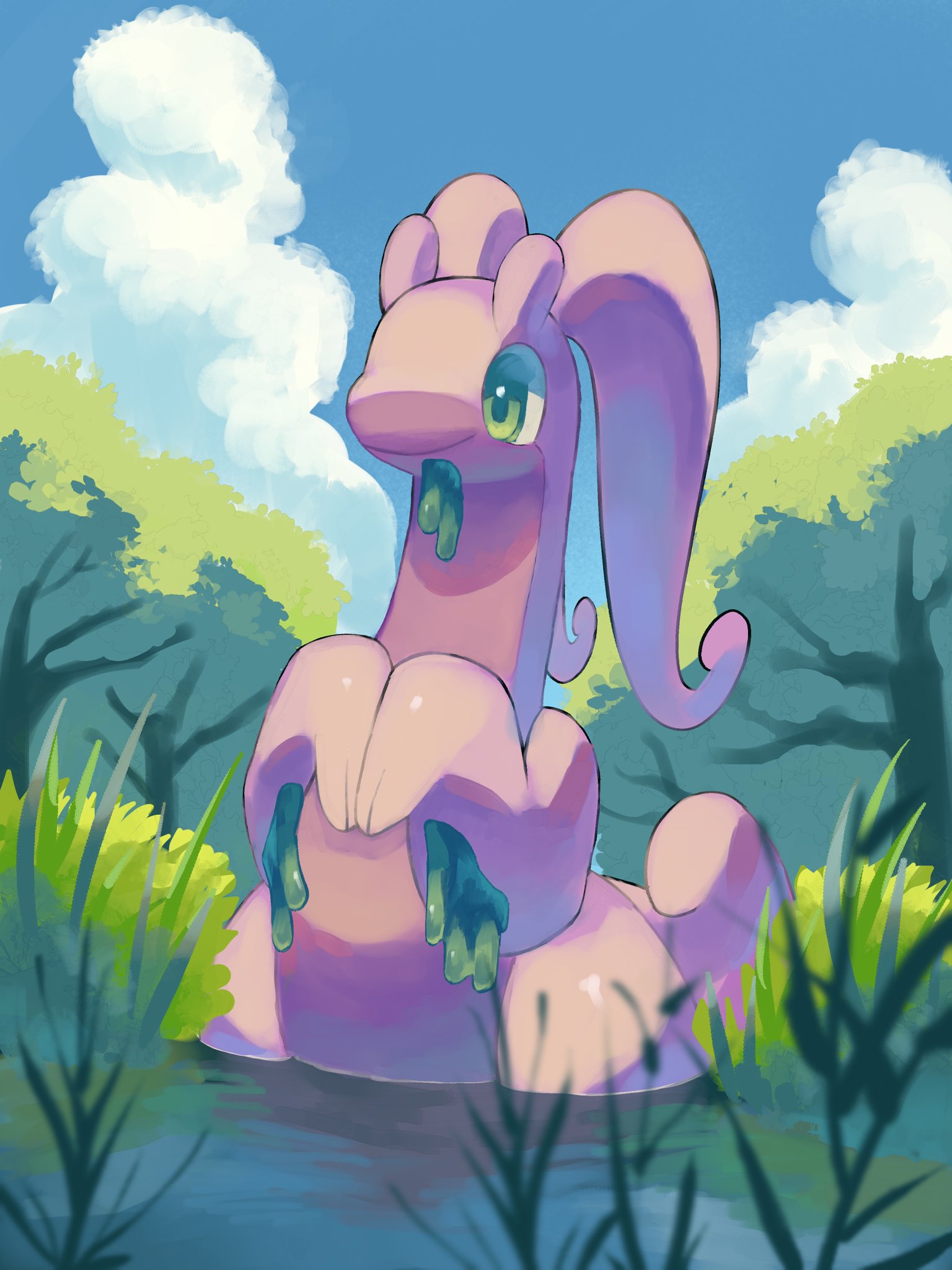 p9kfxaofqi54546, goodra, nintendo, pokemon, highres, blue sky, closed mouth, colored skin, dragon, gen 6 pokemon, green eyes, no humans, outdoors, pokemon (creature), pokemon focus, pond, purple skin, sky, slime (substance), smile, solo, tail, tree, water
