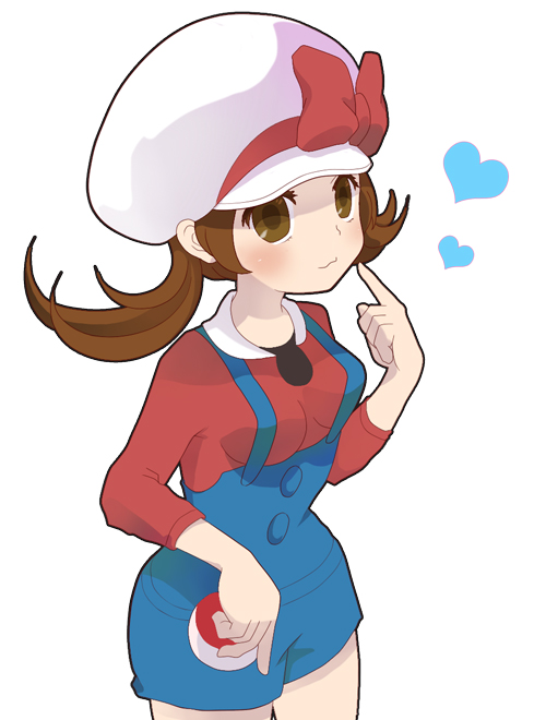 kouri, kouri (pixiv31822), lyra (pokemon), nintendo, pokemon, pokemon hgss, 00s, 1girl, :3, blush, bow, brown eyes, brown hair, female focus, hat, hat ribbon, heart, holding, holding poke ball, newsboy cap, overalls, poke ball, poke ball (basic), red ribbon, ribbon, short twintails, simple background, solo, twintails, white background