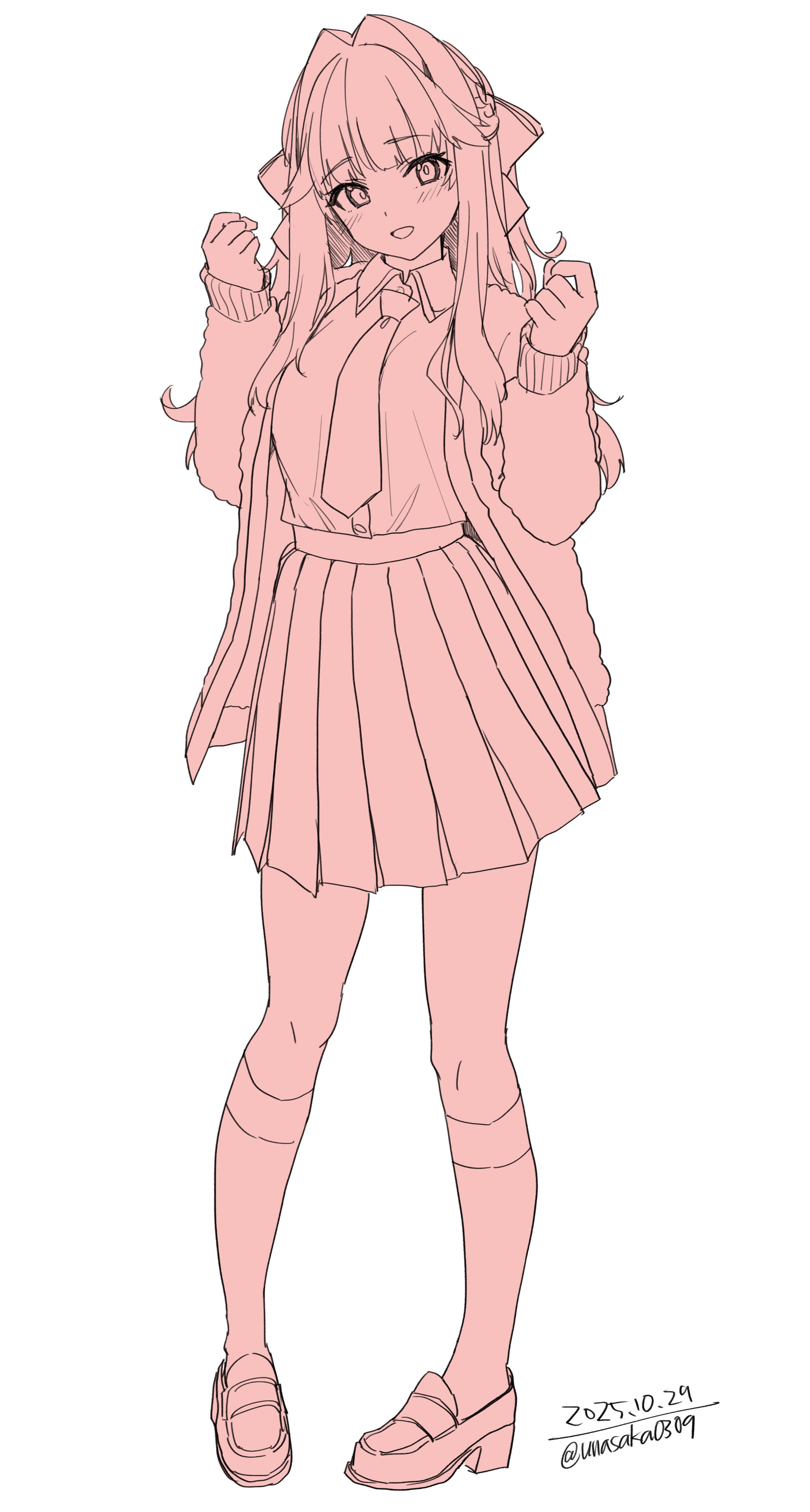 unasaka ryou, original, absurdres, highres, 1girl, bow, breasts, collared shirt, hair bow, jacket, kneehighs, long hair, long sleeves, looking at viewer, monochrome, necktie, open clothes, open jacket, open mouth, pleated skirt, school uniform, shirt, shoes, simple background, skirt, smile, socks, solo, white background