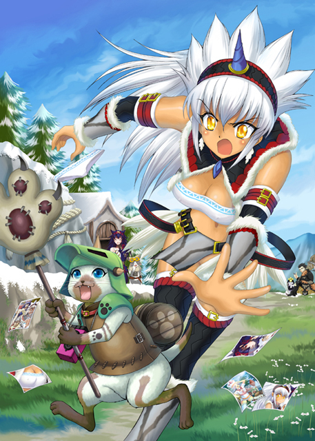 hoshino madoka, felyne, capcom, monster hunter (series), bad id, bad pixiv id, character request, 1girl, breasts, cleavage, detached sleeves, female focus, horns, kirin (armor), nargacuga (armor), photo (object), single horn, solo, white hair, yellow eyes