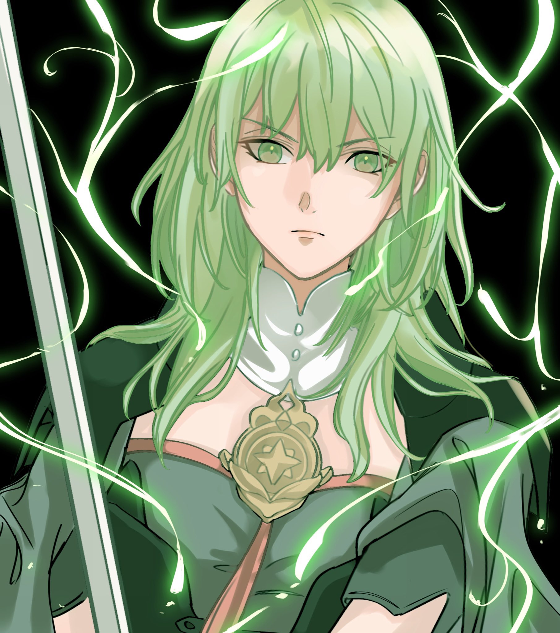 4ki ori9, female byleth (awakened) (fire emblem), female byleth (fire emblem), fire emblem, fire emblem: three houses, fire emblem warriors: three hopes, nintendo, commentary request, highres, 1girl, black background, breasts, dark persona, green aura, green eyes, green hair, hair between eyes, holding, holding sword, holding weapon, medium breasts, medium hair, official alternate eye color, official alternate hair color, simple background, solo, sword, weapon