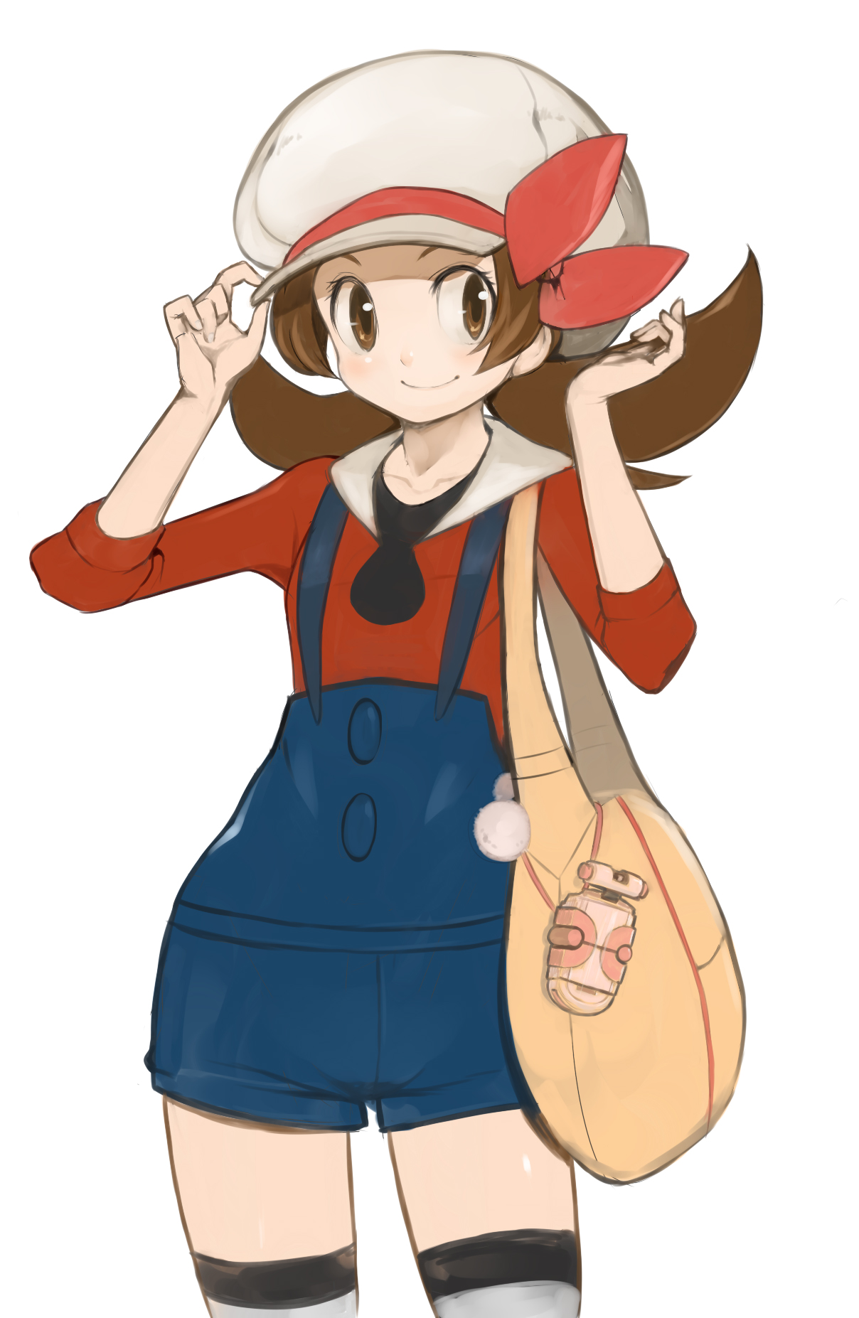 osaki, wosaki, lyra (pokemon), nintendo, pokemon, pokemon hgss, highres, 00s, 1girl, bag, bow, brown eyes, brown hair, cellphone, female focus, handbag, hat, hat ribbon, newsboy cap, overalls, phone, pokegear, red ribbon, ribbon, short twintails, simple background, smile, solo, thighhighs, twintails, white background