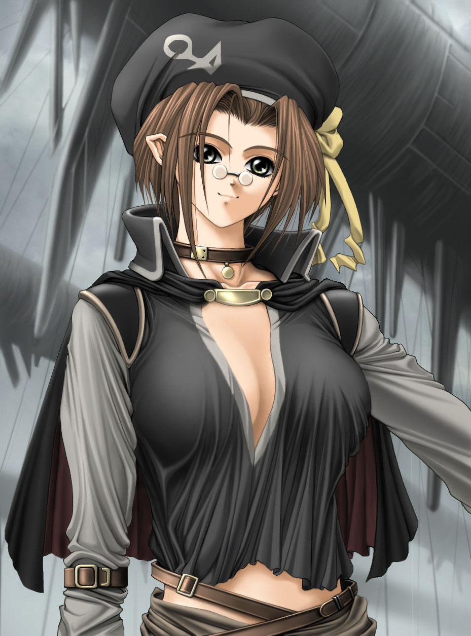 norita, highres, 1girl, breasts, brown hair, cape, choker, cleavage, female focus, glasses, green eyes, hat, large breasts, pointy ears, ribbon, solo, strap