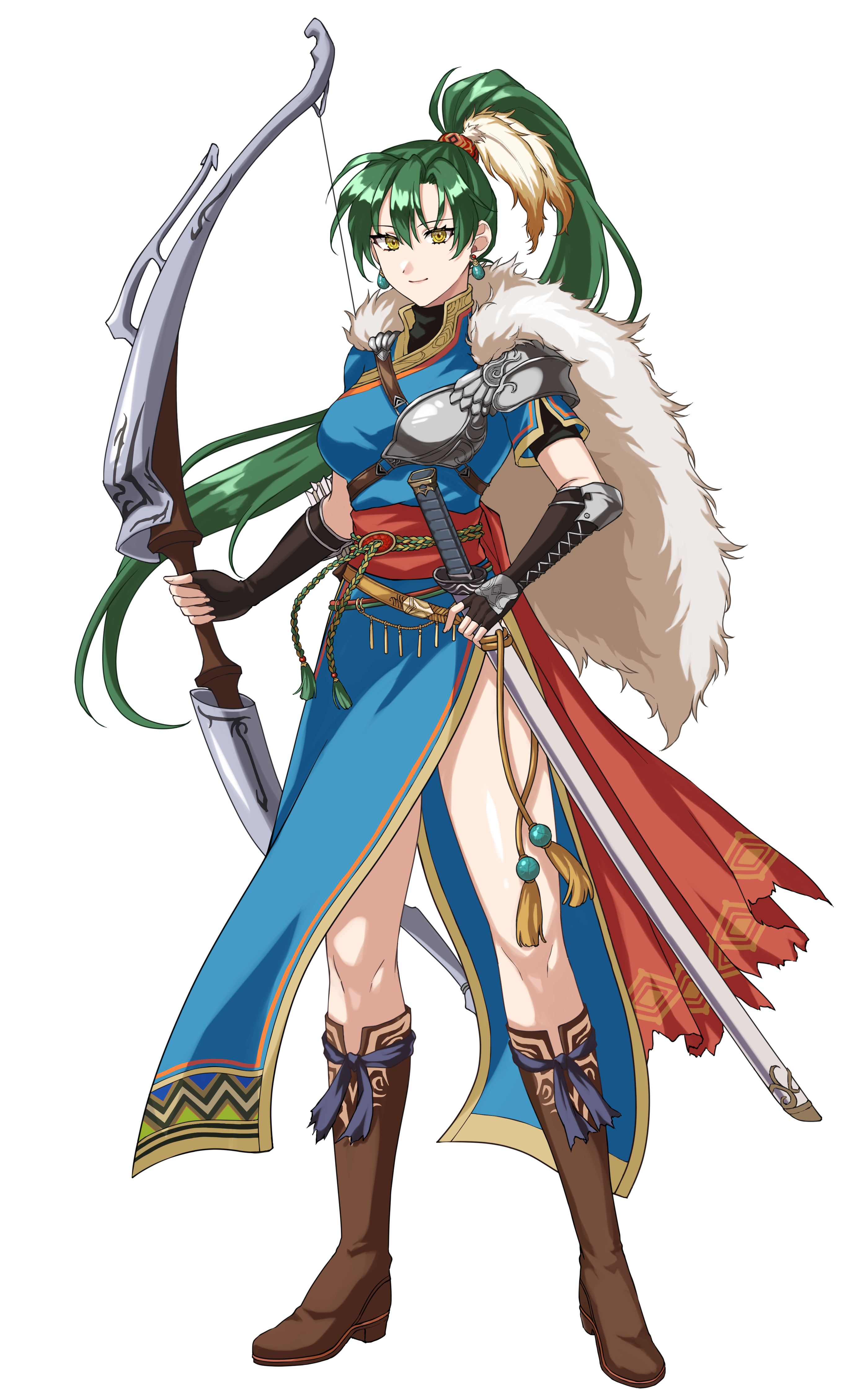 hazuki (nyorosuke), lyn (fire emblem), lyn (lady of the wind) (fire emblem), fire emblem, fire emblem: the blazing blade, fire emblem heroes, nintendo, absurdres, commentary request, highres, 1girl, aqua eyes, armor, belt, boots, bow (weapon), breasts, brown boots, cape, closed mouth, earrings, elbow gloves, feather hair ornament, feathers, fingerless gloves, full body, fur trim, gloves, green hair, hair ornament, high ponytail, holding, holding bow (weapon), holding sword, holding weapon, jewelry, knee boots, long hair, looking at viewer, medium breasts, ponytail, sheath, sheathed, short sleeves, side slit, simple background, smile, solo, standing, sword, weapon, white background