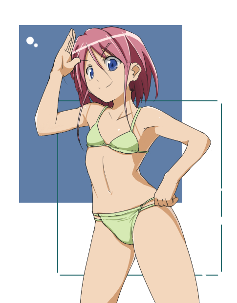 kosuke haruhito, original, armpits, bikini, blue eyes, flat chest, hand on own hip, hip focus, purple hair, salute, short hair, smile, solo, swimsuit