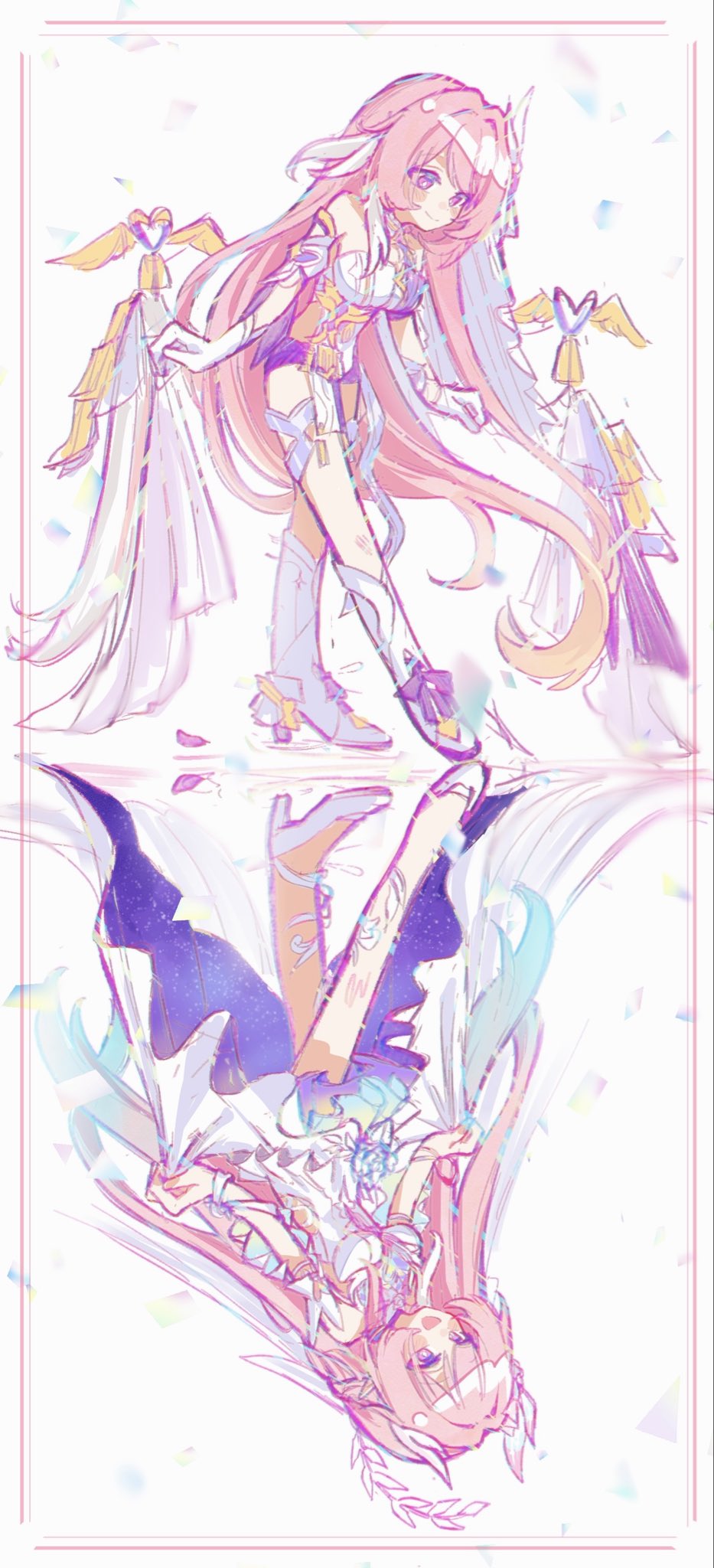 mi (27782900), cyrene (honkai: star rail), cyrene (ripples of past reverie) (honkai: star rail), elysia (herrscher of human: ego) (honkai impact), elysia (honkai impact), inoue marina, honkai: star rail, honkai (series), honkai impact 3rd, commentary, english commentary, highres, 2girls, black shorts, boots, company connection, corset, dress, gloves, halo, high heels, multicolored hair, multiple girls, pink hair, purple eyes, short shorts, shorts, simple background, smile, two-tone hair, voice actor connection, white background, white boots, white corset, white dress, white gloves, white hair, yanning